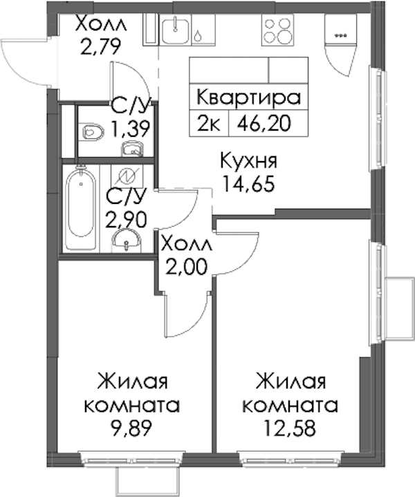 2-комнатная квартира 46.2 м², 12/12 эт., ЖК «Таллинский парк»